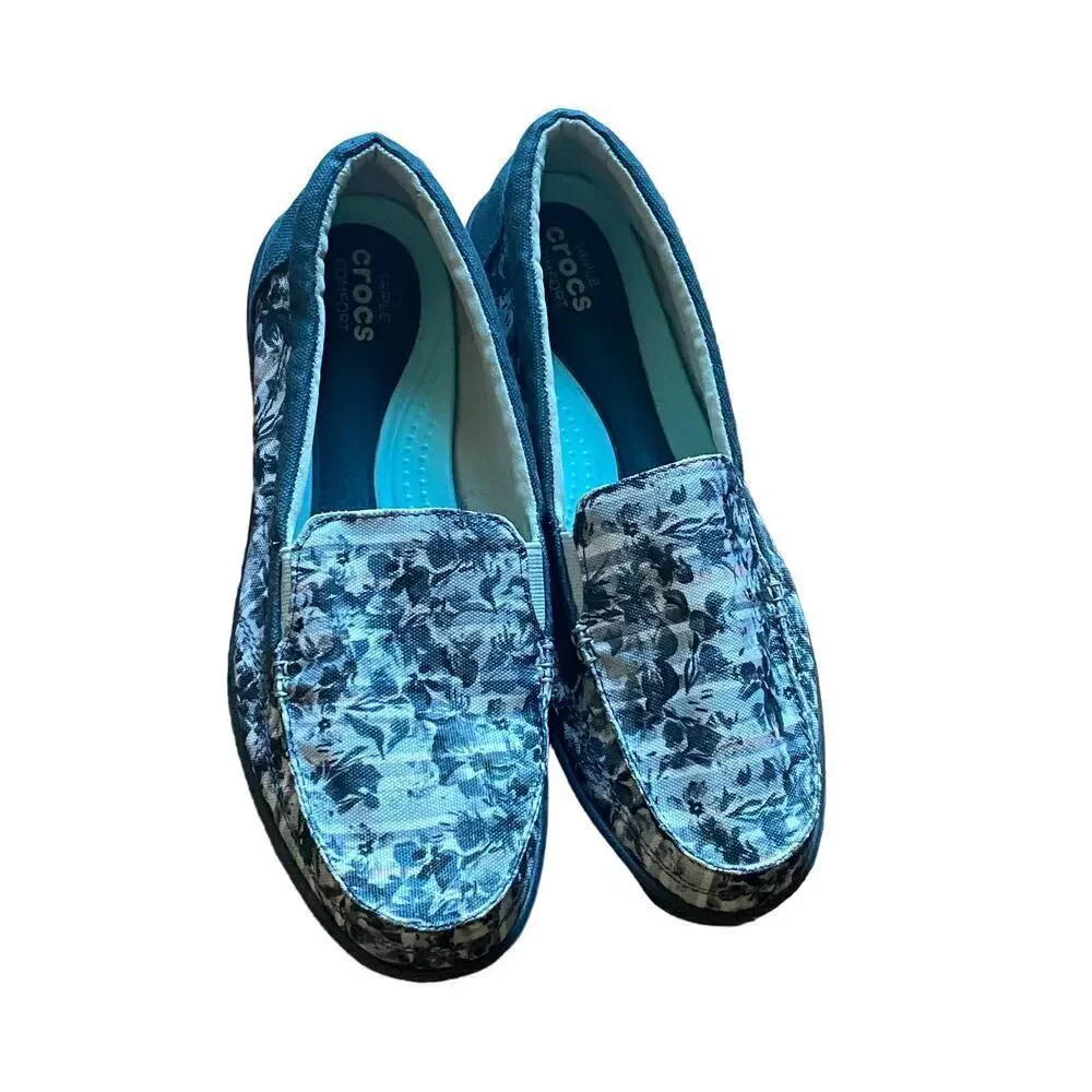 Crocs Slip Ons Floral Womens White Pink Blue US 11 Casual Comfy Walking Shoes